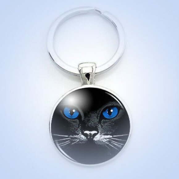 Blue-Eyed Black Cat Cabochon Glass Pendant Metal - Picture 2 of 4